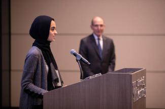 Rhodes Scholar Hadeel Abdallah speaking at the Board of Trustees meeting